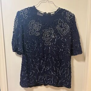Frank Usher Vintage sequin beaded blouse Top 100% silk navy blue